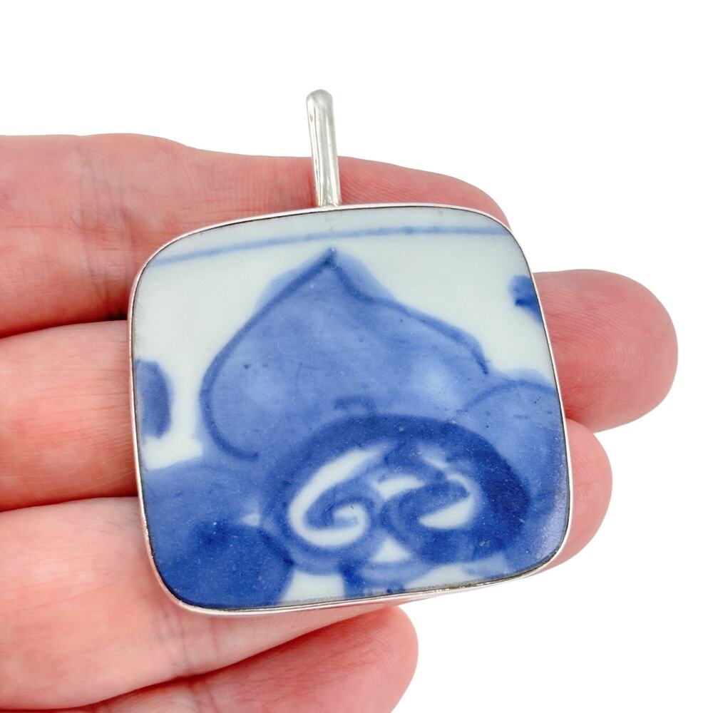 Vintage Sterling Silver 925 Square Porcelain Pendant